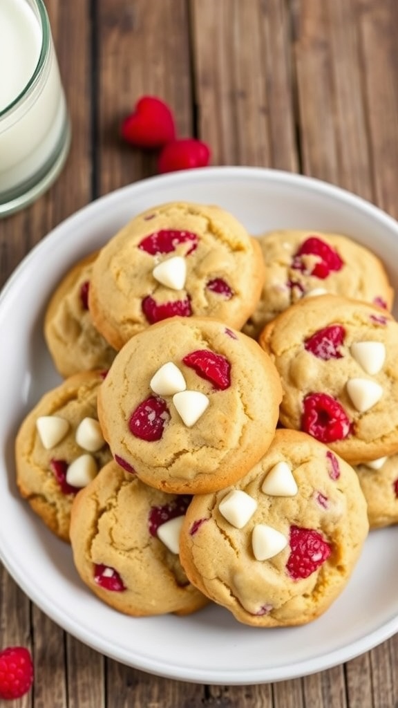 A plate of raspberry white chocolate cookies with melting chips and fresh raspberries, accompanied by a glass of milk on a wooden table.